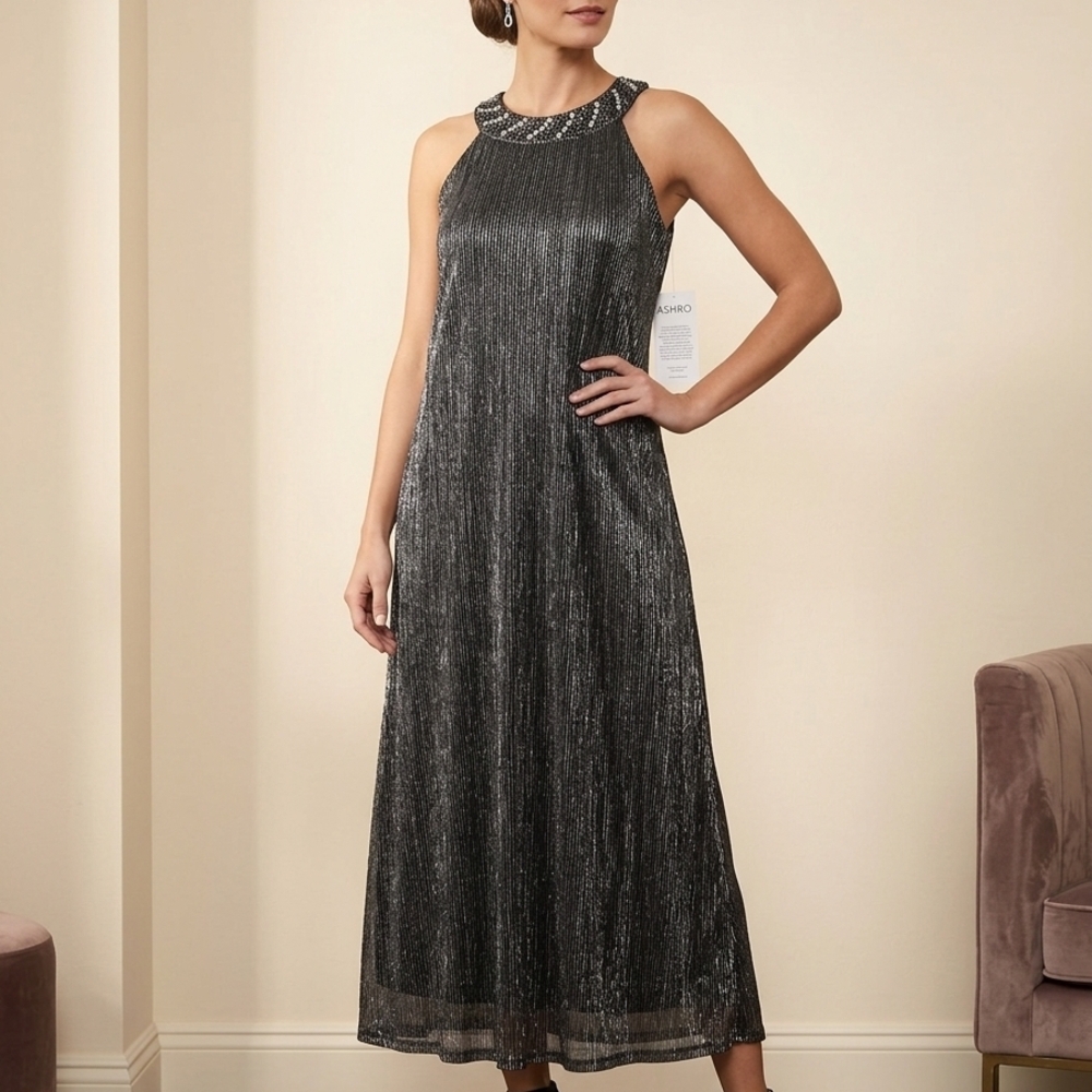 Women's Metallic Black Halter Evening Dress